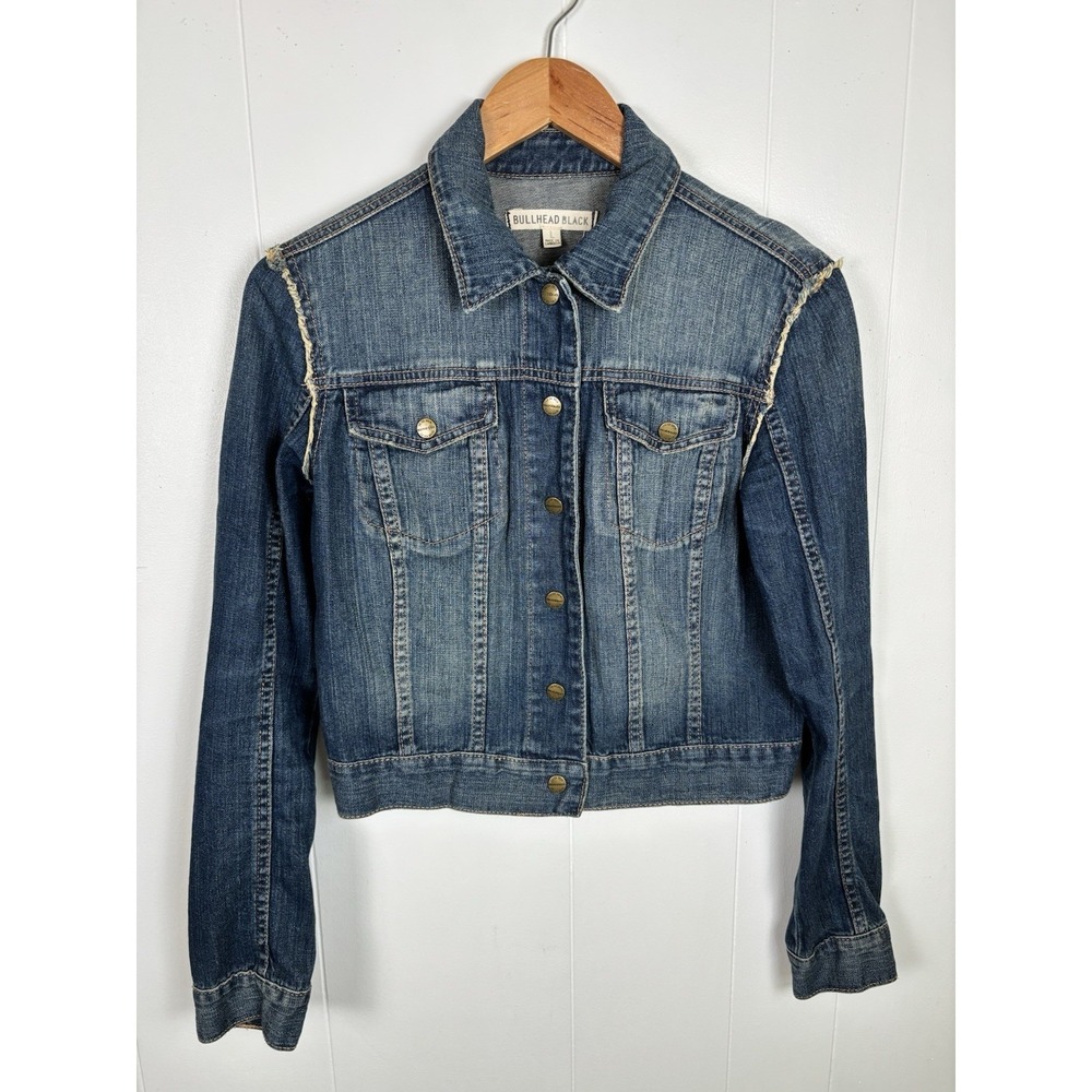 VTG Y2K Bullhead Black Size Large Cropped Denim Jean Jacket Distress Wash Cotton